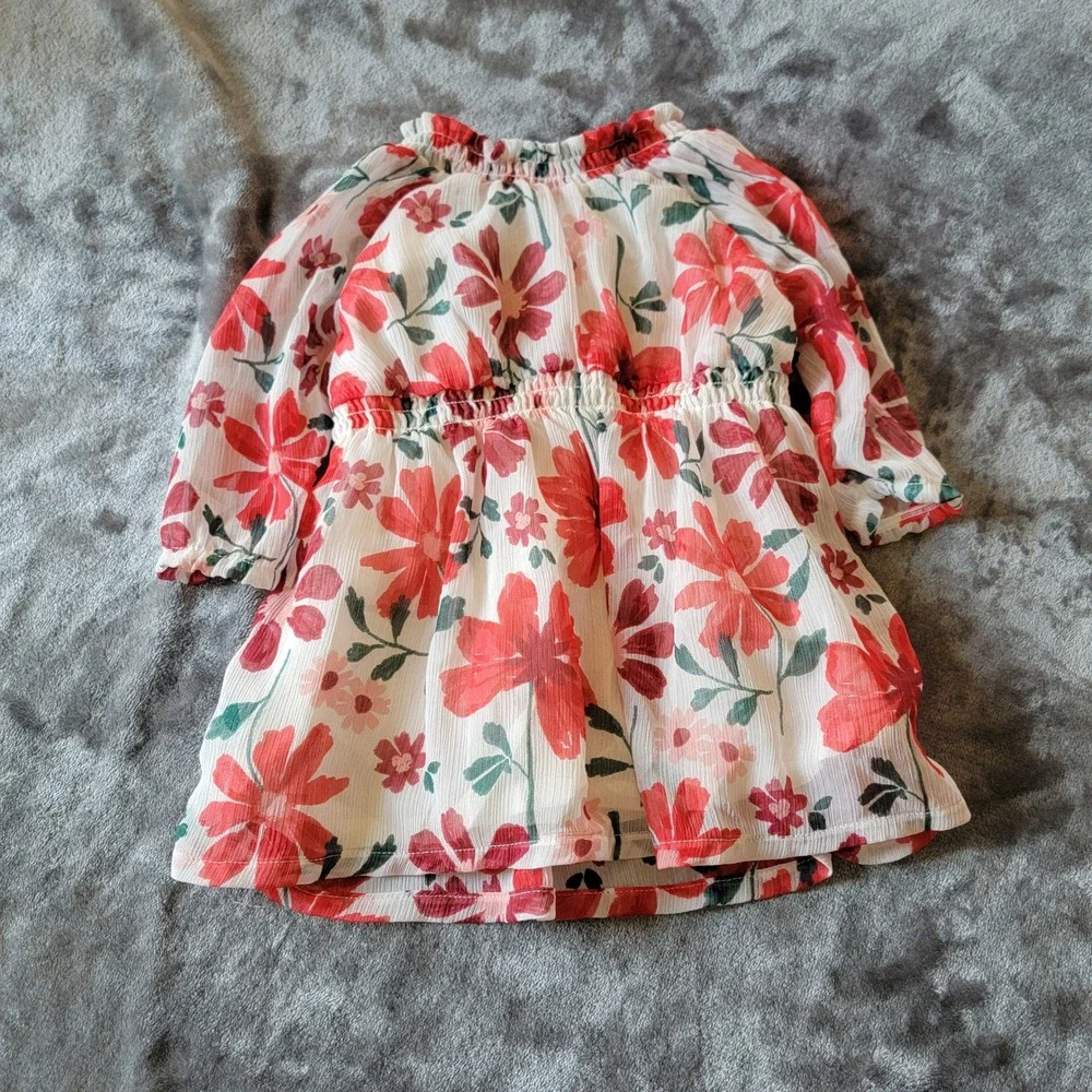 Carter's Floral Dress Baby Girls 3M White Red Excellent Long Sleeve Chiffon 724